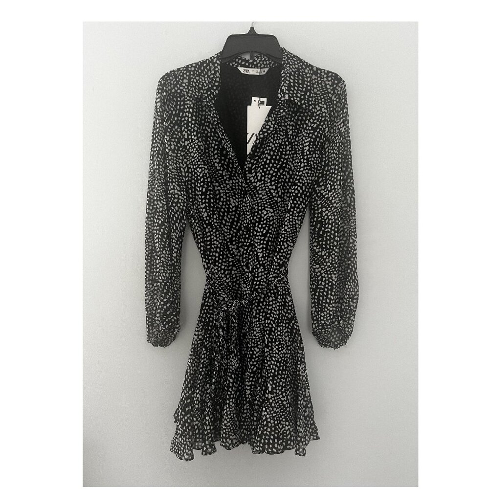 NEW Zara Black & White Dotted Long Sleeve Beaded Self-Tie Belt Collared Dress